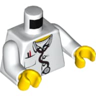 Torso, Hospital Lab Coat, Open Collar, Stethoscope, Pocket Pen and Thermometer Print, White Arms, Yellow Hands
