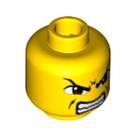 Minifig Head Guard, Dual Sided, Brown Eyes, Scowl with Mouth Closed / Bared Teeth Print [Blocked Open Stud]