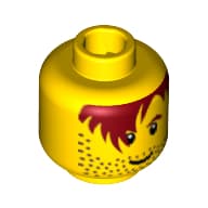 Minifig Head Aquaraider / Soccer Player, Male Red-Brown Hair over Eye, One Eyebrow, Stubble, White Pupils Print [Blocked Open Stud]