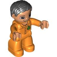 Duplo Figure with Parted Wavy Hair Black, Nougat Hands, Green Recycling Logo, Brown Eyes Print (Garbage Collector)