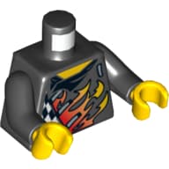 Torso Shirt with Black and White Checks, Flames / Flames, Red Skull, White Stripes on Back Print, Black Arms, Yellow Hands