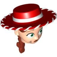 Minifig Head Special with Red Cowboy Hat, Iron Red Ponytail with Dirt Stains Print (Jessie)