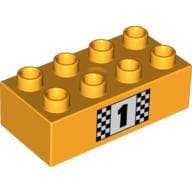 Duplo Brick 2 x 4 with Number 1 and Black and White Checkered Print em Laranja vivo claro