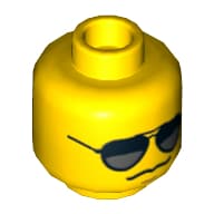 Minifig Head Hero, Black and Silver Sunglasses, Chin Dimple, Grim Mouth Print [Hollow Stud]