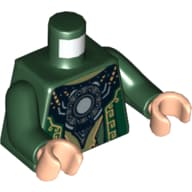 Torso Robe with Gold Stitchery and Round Silver Pendant Print, Dark Green Arms, Light Nougat Hands