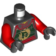 Torso, Samurai Armor with Dark Green Panels, Gold Phoenix and Red Sash Print, Red Arms, Black Hands