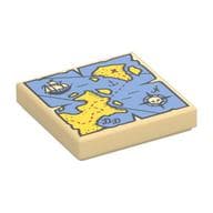 Tile 2 x 2 with Map with Red 'X', Sail Boat, Compass and Blue and Yellow Print