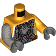 Torso, Odd Arms, Armor, Straps, Spiders on Front and Back Print, Left Bright Light Orange Arm, Right Flat Silver Arm, Dark Bluish Gray Hands