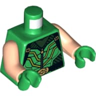 Torso, Armor, Black Striped Vest with Clasps and Lime Lines, Zipper, Belt with Gold Buckle and Muscles Print (Green Arrow), Light Nougat Arms, Green Hands