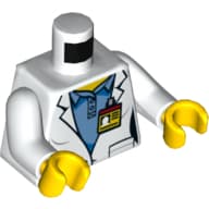 Torso, Lab Coat over Medium Blue Shirt, ID Badge / Space Shuttle Logo on Back Print, White Arms, Yellow Hands