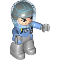 Duplo Figure with Helmet (Space), Light Bluish Gray Legs and Hands, Medium Blue Spacesuit with Badge, Light Nougat Face with Freckles em Azul médio