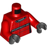 Torso Racing Suit Checkered Pattern with 'PORSCHE' on Black Stripe Print, Red Arms, Black Hands