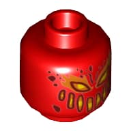 Minifig Head Flama, Dark Red, Yellow and Orange Eyes, Wide Mouth, Dark Red Spots, Flames on Back Print [Hollow Stud]