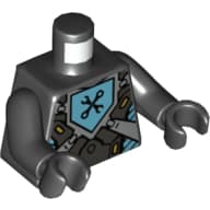 Torso, Armor with Silver Panels and Azure Emblem with Black Crossed Spanner Wrench and Box Wrench Print, Black Arms and Hands