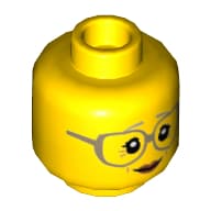 Minifig Head Mystake / Grandmother, Dark Tan Large Glasses, Gray Eyebrows, Peach Lips, Crows Feet (Old Woman) [Recessed Stud]