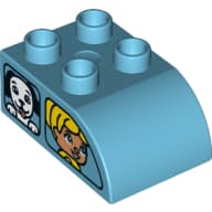 Duplo Brick 2 x 3 with Curved Top with Dual Side Print, Car Windows / Side A Duplo Girl and Dog / Side B Boy and Cat em Celeste médio