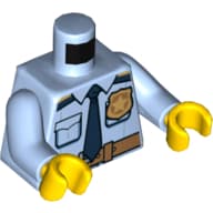 Torso Shirt with Dark Tan Belt, Gold Badge and Dark Blue Tie / 'POLICE' and Radio Print, Bright Light Blue Arms, Yellow Hands