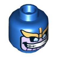 Minifig Head Thanos, Balaclava, Lavender Face, Gold Metal Wing-Shaped Visor, Blue Eyes, Wide Mouth with Teeth Print