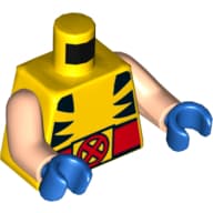 Torso, Bodysuit, Black Animal Stripes and Red Belt with Red 'X' on Yellow Buckle Print (Wolverine), Light Nougat Arms, Blue Hands