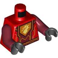 Torso, Armor with Orange and Yellow Details, Dark Red Center Panel, Dragon Head on Pentagonal Shield Print, Dark Red Arms, Black Hands