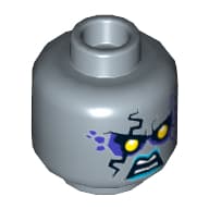 Minifig Head Ruina, Dual Sided, Yellow Eyes, Dark Purple Rock Effect, Blue Lips, Teeth, Angry / Evil Grin Print [Hollow Stud]