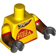 Torso, Dual Molded Arms, Red Trim and 'LUIGI'S PIZZA', Straw Chest Print, Yellow Sleeves Pattern, Reddish Brown Arms Red Trim Print, Black Hands