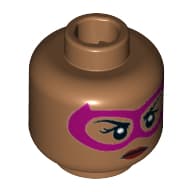 Minifig Head Batgirl, Dual Sided, Magenta Eyemask, Dark Red Lips, Grin with Teeth / Neutral Print [Hollow Stud]