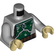 Torso Armor Plates Dark Green, Gray, and Olive Green Patches, Brown Braid with Knot Print (Boba Fett), Light Bluish Gray Arms, Tan Hands