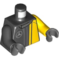 Torso, Odd Arms, Racing Jacket, Mercedes Logo / 'AMG' on Back Print, Left Yellow Arm, Right Black Arm, Dark Bluish Gray Hands