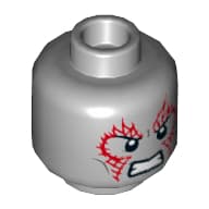 Minifig Head Drax, Dark Bluish Gray Cheek Lines, Red Tattoos on Front and Back, Angry Expression Print [Hollow Stud]