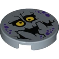 Tile Round 2 x 2 with Purple Rock Spots, Yellow Eyes with Pupils, Black Mouth, Big Blocky Teeth (Bouldron) Print