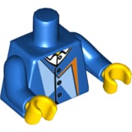 Torso Jacket with Bright Light Blue and Orange Geometric Shapes over White Shirt with Collar Print, Blue Arms, Yellow Hands