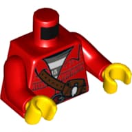 Torso Jacket with Leather Pouch, Prisoner Shirt Underneath, Belt Print, Red Arms, Yellow Hands