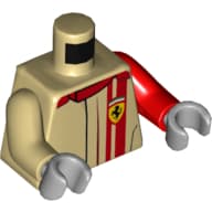 Torso, Odd Arms, Racing Jacket with Red Stripe and Collar, Ferrari Logo Print, Left Red Arm, Right Tan Arm, Light Bluish Gray Hands