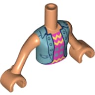 Minidoll Torso Girl with Metallic Blue Vest with Buttons, Purple Shirt with Yellow Lines, Metallic Blue Ghosts Print, Nougat Arms and Hands