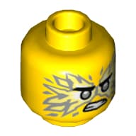 Minifig Head Jay, Light Bluish Gray Eyes, White/LBG Flames, Angry, Teeth