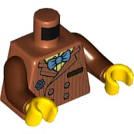 Torso Jacket with Pinstripes, Broche, Medium Blue Bow Tie, Buttons, Yellow Shirt Print, Reddish Brown Arms, Yellow Hands