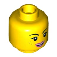 Minifig Head Lucy Wyldstyle, Freckles, Eyes Open, Eyelashes, Pink Lips, Open Mouth Smile / Eyes Closed, Teeth Together, Open Mouth