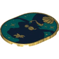 Tile Round 6 x 8 with Dark Blue Ariel Contours, Dark Turquoise Background, Golden Shells Print