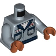 Torso, Shirt, with Blue Collar and Pockets, Red and White Badges, Grease Stains Print, Sand Blue Arms, Dark Orange Hands