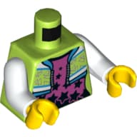 Torso, Cropped Jacket over Magenta Undershirt with Black Stars Print, White Arms, Yellow Hands