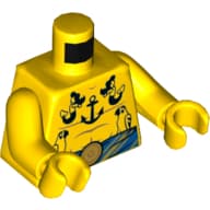 Torso, Bare Chest with Anchors, Parrots, and Mermaids Tattoos, Blue Belt Print, Yellow Arms and Hands