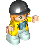 Duplo Figure Child with Hair and Riding Helmet Black, Light Aqua Legs, Yellow Hoodie, Azure Shirt with Stars Print