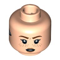 Minifig Head Aloy, Reddish Brown Eyebrows, Nougat Freckles and Lips, Silver Triangle on Sides, Closed Mouth / Open Mouth Print