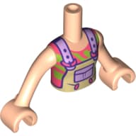 Minidoll Torso Girl with Tan Overall, Lavender Pockets, Straps, Coral/Lime Shirt Print, Light Nougat Arms And Hands