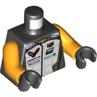 Torso Race Jacket, White Chest with Chevron, Michelin, and Mobil Logos Print, Bright Light Orange Arms, Black Hands