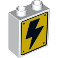 Duplo Brick 1 x 2 x 2 with Hazard Sign, Black Lightning Bolt, Dinosaur Eggs on Back Print