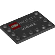 Plate Special 4 x 6, Studs on 3 Edges with LEGO Logo, 'THE INFINITY SAGA', and 'MJOLNIR' Print