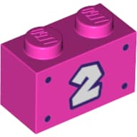 Brick 1 x 2 with White '2', Dark Purple Border, Dots Print