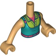 Minidoll Torso Girl with Dark Turquoise Dress, Lime Jacket, Coral Belt and Shirt Print, Warm Tan Arms and Hands